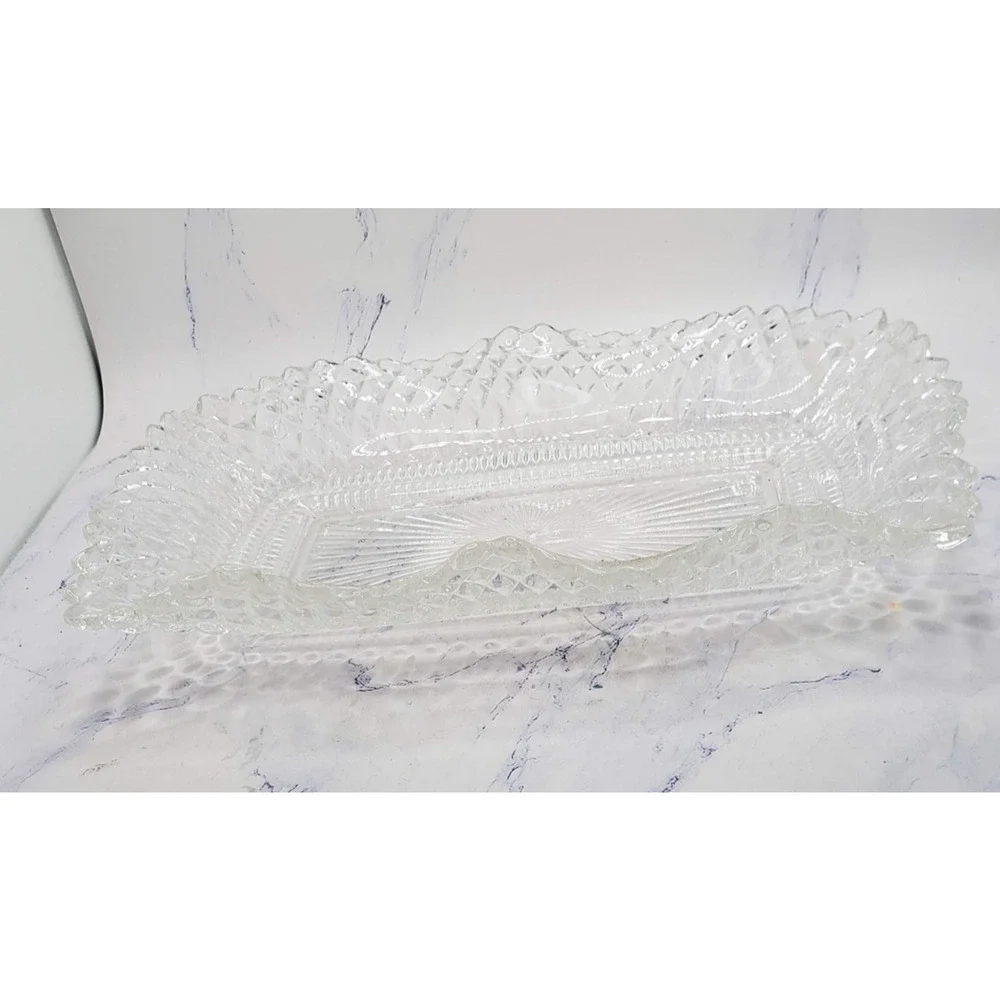 Vintage Federal Glass Diamond Point Ruffled Rim Rectangular Trinket Candy Tray